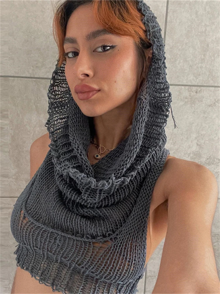 

Yesikey Cami Top Hoodie Streetwear Crop Top Sleeveless Loose Design Tees For Women's Street Party Clubwear Tee Chic Knitwear