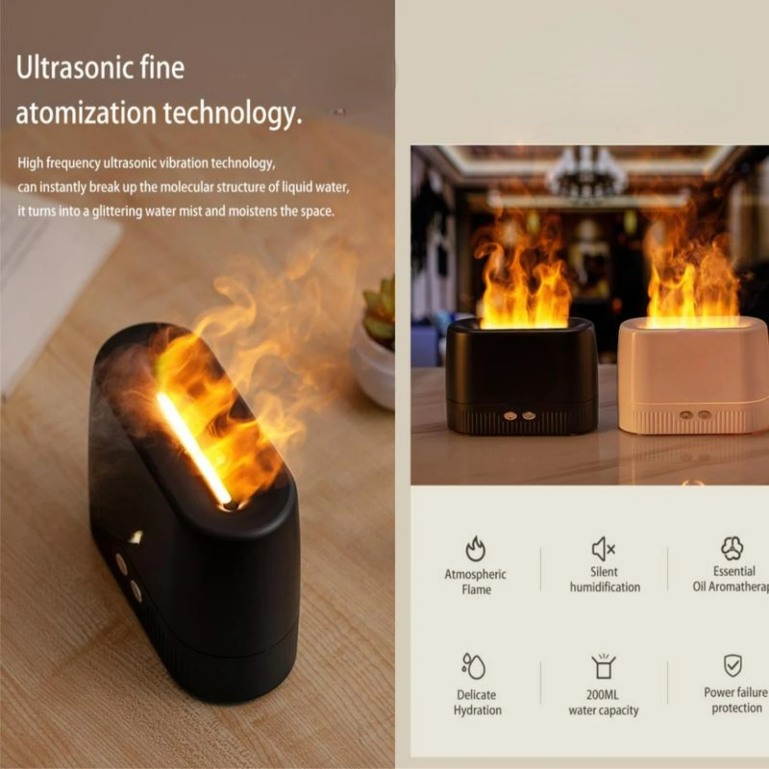 Тихий и спокойный воздушный диффузор с имитацией пламени мягким светом —