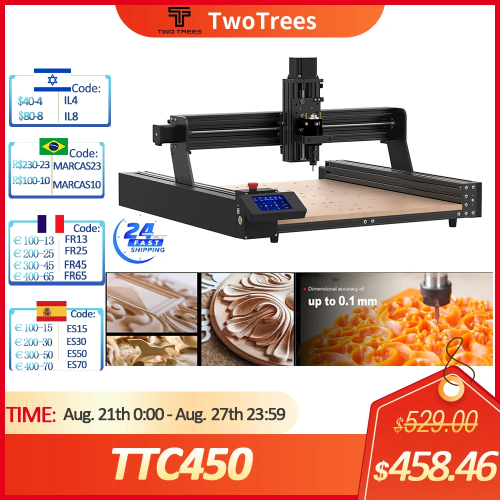 Шпиндельный двигатель TwoTrees TTC450, 500 Вт, фрезерный станок с ЧПУ, фрезерный станок, GRBLLaser, гравер для акрила, печатной платы, ПВХ, металла, алюминия