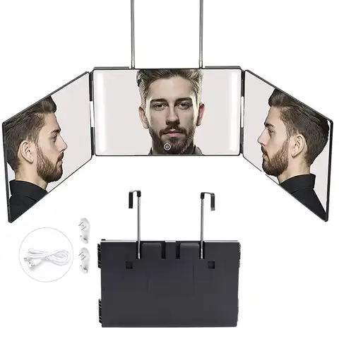 Зеркало трехстороннее для самостоятельной стрижки волос, зеркало со светодиодной подсветкой на 360 °, зеркало тройного сложения для самосто...