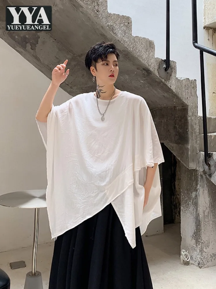 

Gothic Asymmetrical Bat Sleeve Mens White T-Shirt Loose Fit Summer Pullover Tees Top Runway Harajuku Personality Casual T-Shirts