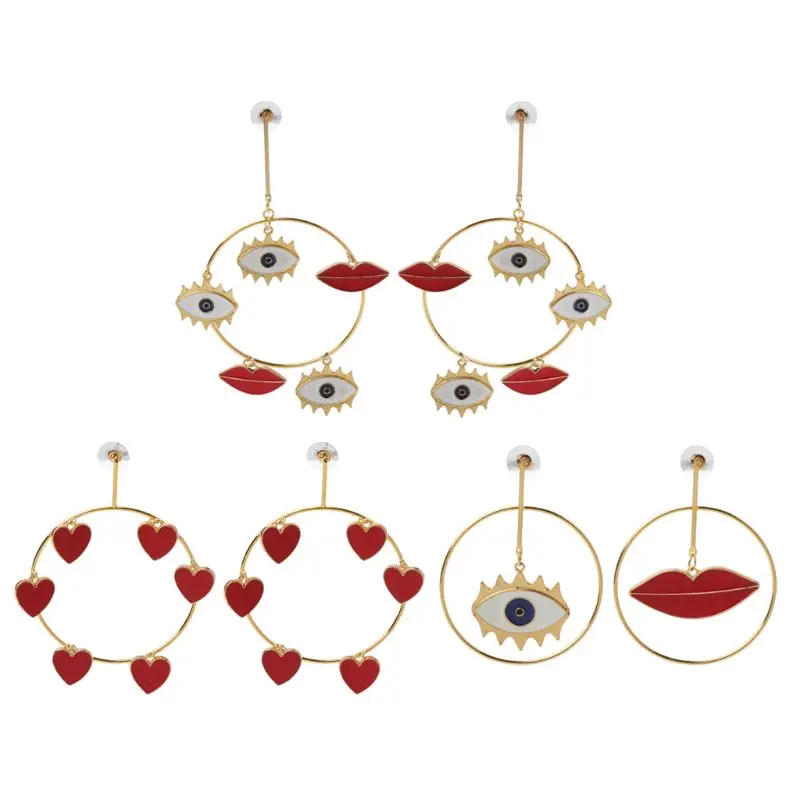 

Women Metal Gold Color Eye Heart Lips Long Dangle Drop Earrings Party Jewelry