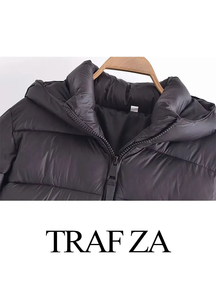 TRAF ZA Winter Women's Cotton Clothes Solid Vintage Hooded Coats Long Sleeve Zipper Pockets Jacket Female Chic Warm Outerwear