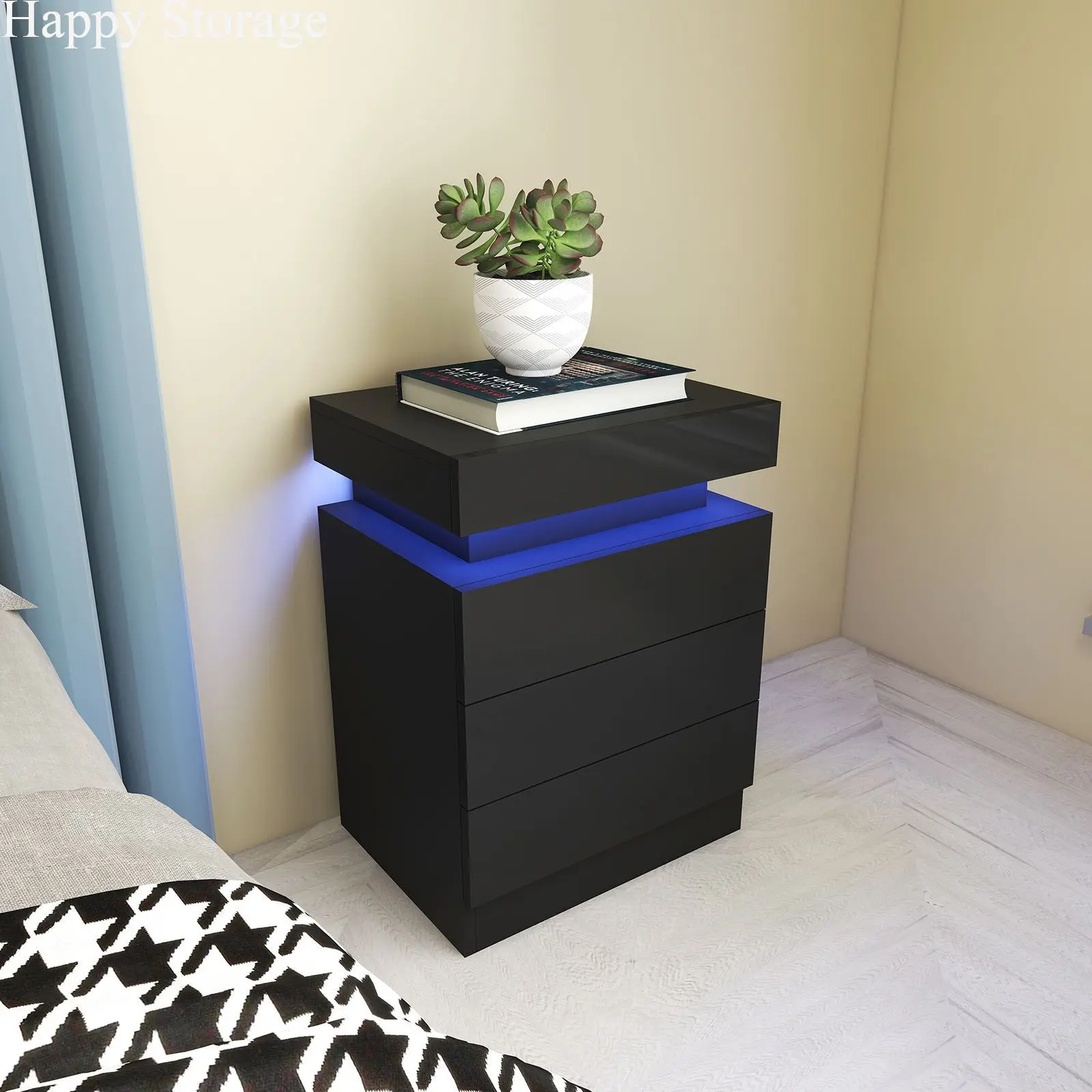 

Home Bedside Nightstand Table 3-layer Drawer Type Cup Book Phone Holder Cabinet High Gloss RGB Lamp Bedside Locker Table