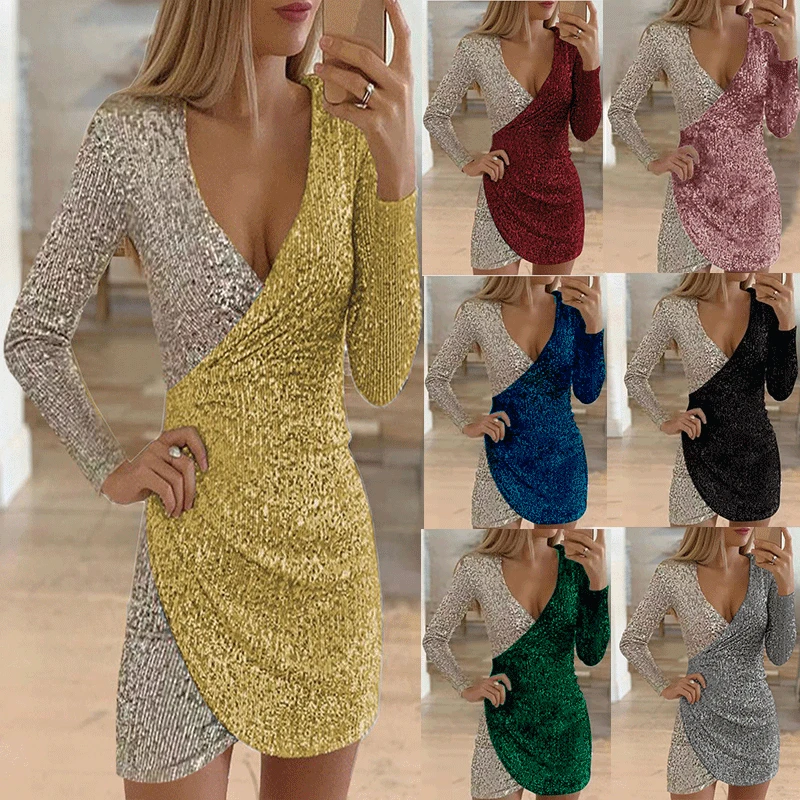 

2022 Ladies Dress Sexy Party Skirt Short Long Sleeve Spring Autumn Winter Sexy V-neck Bag Hip Irregular Short Skirt Sequin Dress
