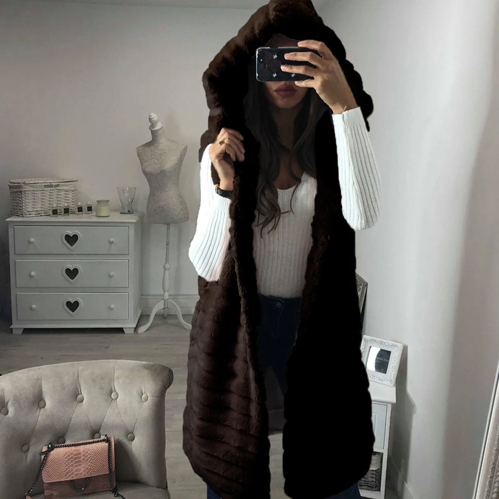 Ladies Jacket Long Faux Fur Vest Coat Cardigan Warm Waistcoat Casual Women's Solid Hooded Ladies Vest Imitation Fur vest Jacket