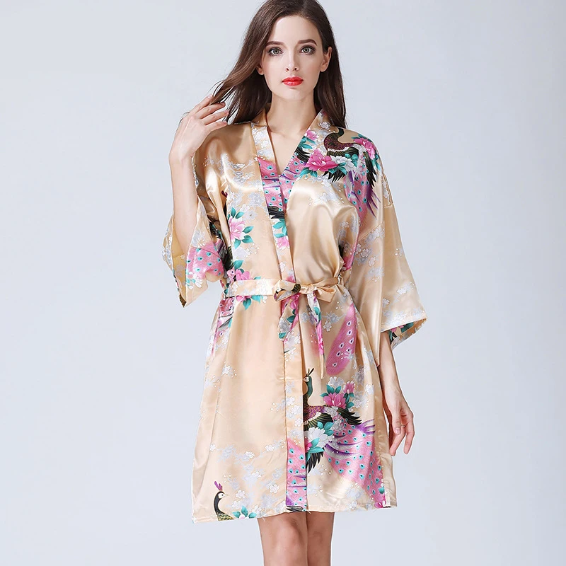 2022 Spring Summer New Ladies Silk Satin Thin Robes Kinomo Style Floral Printed Sleepwear Sexy Nightgown Femme Satin Homewear