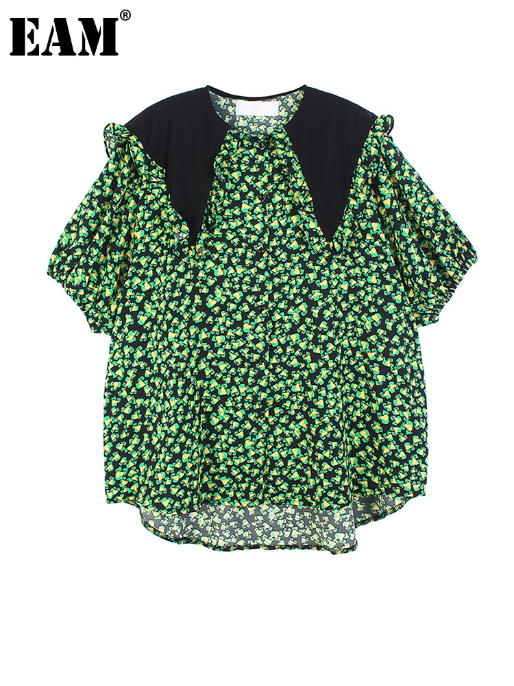 

[EAM] Women Green Printed Big Size Chiffon Blouse New Peter Pan Collar Loose Fit Shirt Fashion Tide Spring Summer 2022 1DE9770