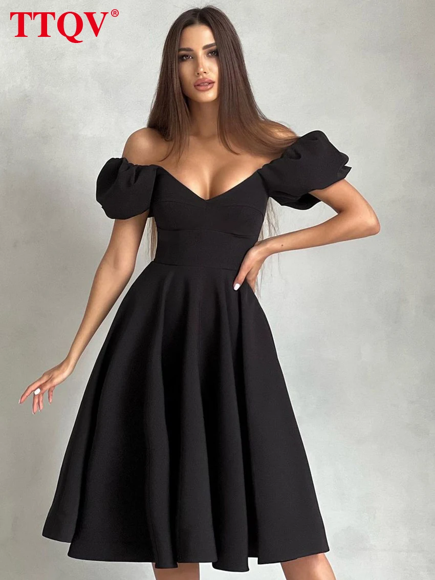 

TTQV модное Черное женское платье с V-образным вырезом 2023 элегантные платья с пышными рукавами и высокой талией повседневные плиссированные трапециевидные платья до колен