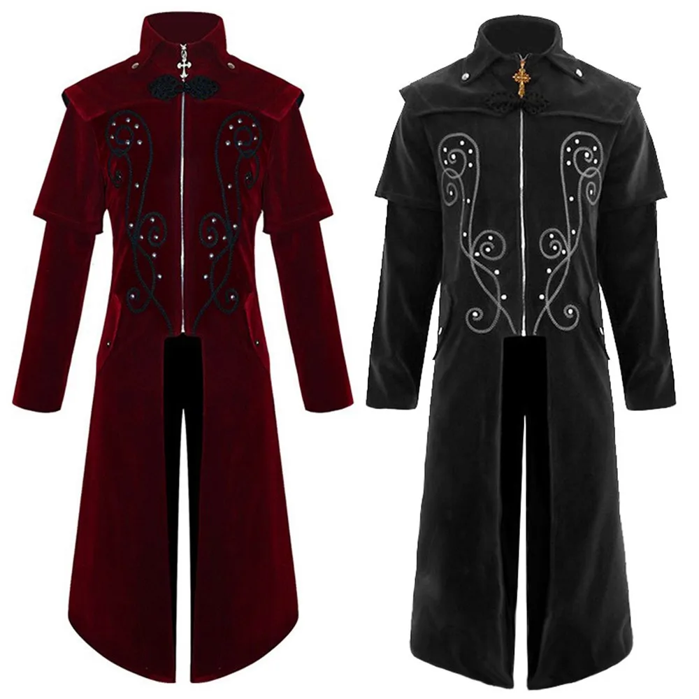 

European Medieval Stand Collar Jacket Gothic Steampunk Winter Long Trench Halloween Carnival Cosplay Costume