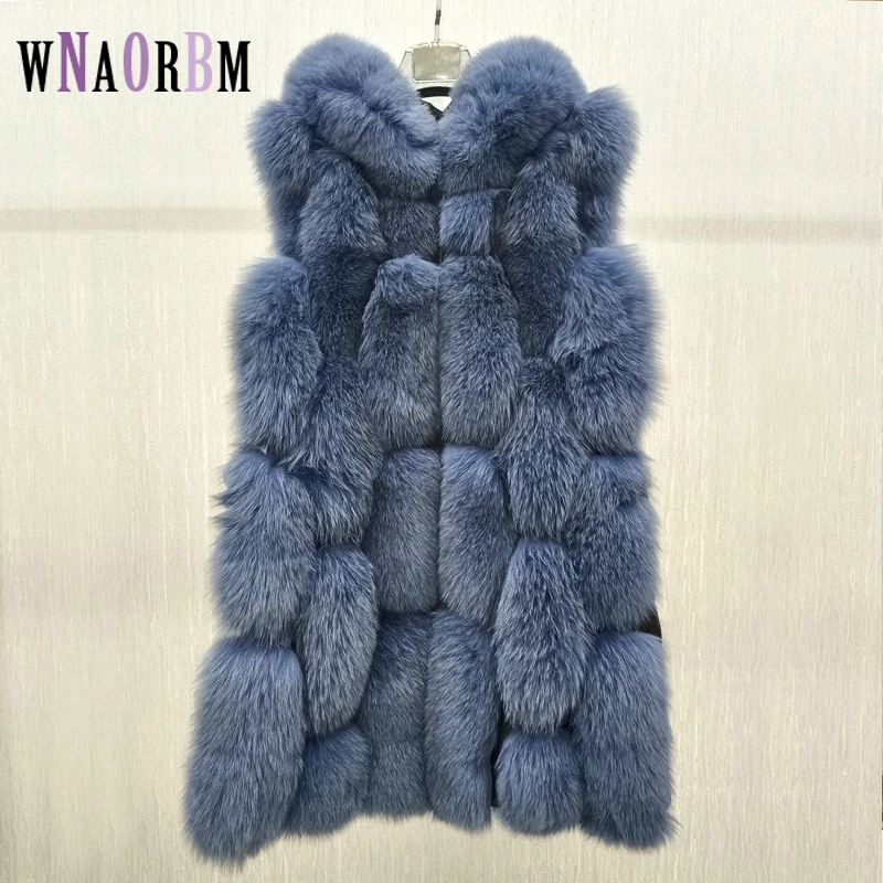 High Quality Luxury  Women Real Fur Coat Winter Jacket Long Natural Fox Fur Vest Real Sheepskin Leather Hood Thick Warm Overcoat