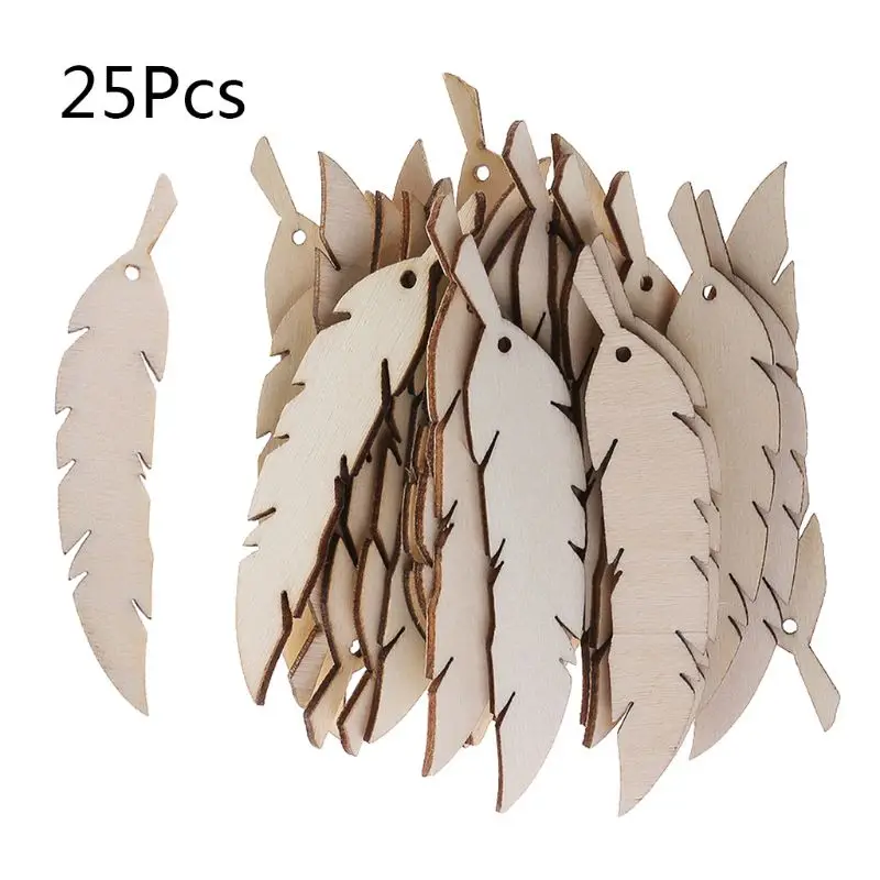 

25 Pcs Feather Shape Wooden Slices Kit Craft Wood Cutout Christmas Party Decoration Props Wood Embellishments Gift Tags