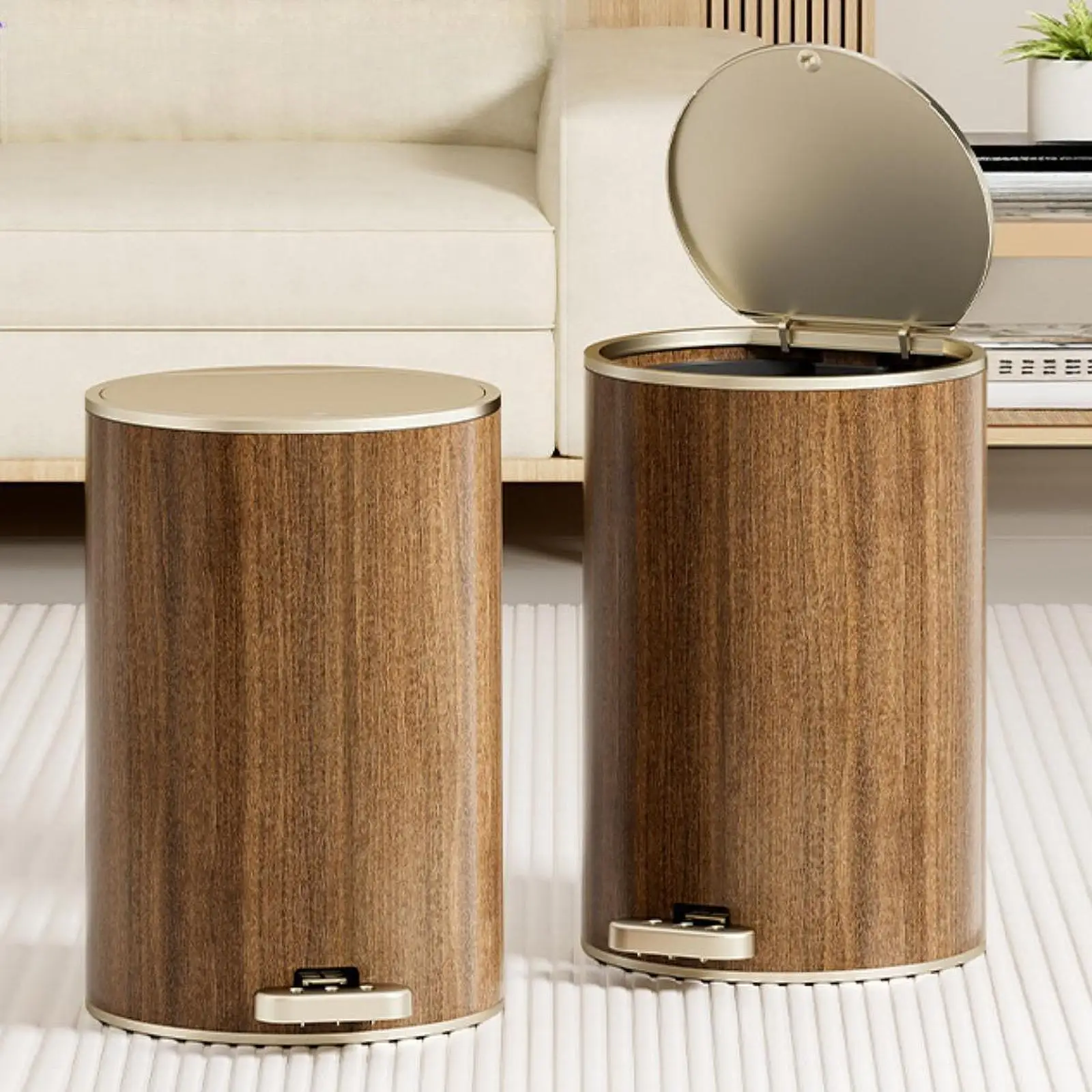 Мусорный бак с древесным зерном мусорный большой емкости круглый ножной педалью