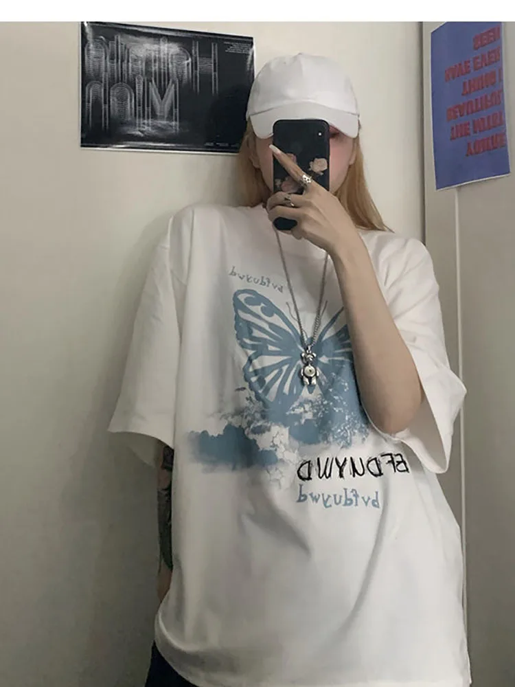 Женская футболка с принтом бабочки винтажная свободная в Корейском стиле
