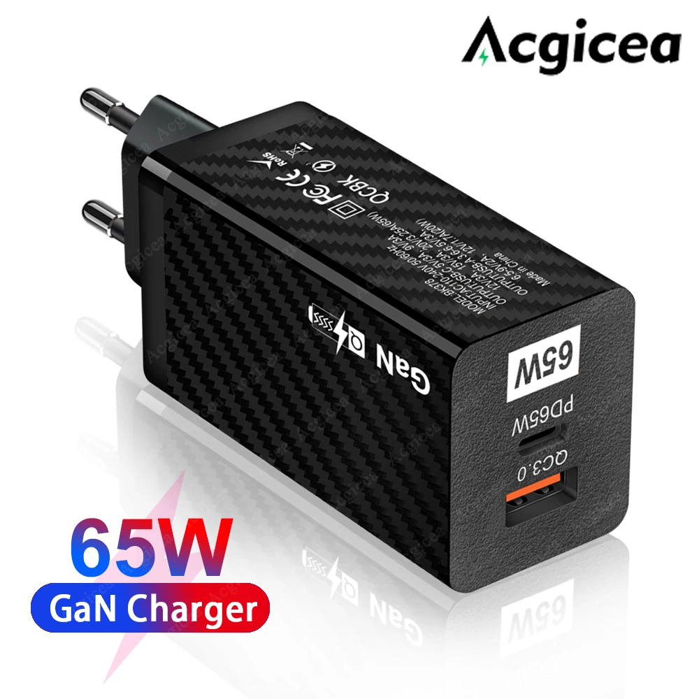 

Acgicea GaN USB Charger 65W PD Fast Wall charge Adapter For iPad iPhone13 Xiaomi12 Samsung CellPhone Quick Charger3.0 US/EU Plug