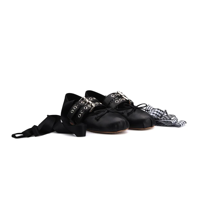 French ballerina ballet flats women's soft leather bow lace-up shallow Metallic belt trim car stitching cross straps belt buckle