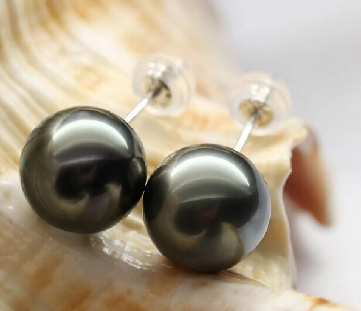 

free shipping charming huge 10-11mm tahitian black green round pearl earring 925 SILVER