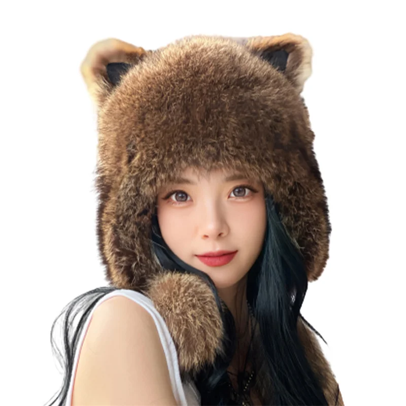 

Ladies 100% Real Raccoon Fur Hat Winter Warm RUssian Real Raccoon Fur Bomber Hats With Ear Flaps For Women Genuine Real Fur Caps