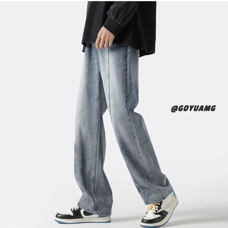 Streetwear Men New Vintage Recreational Blue Jeans Loose Temperament Versatile Straight Cylinder Wide Leg Trousers Autumn Female