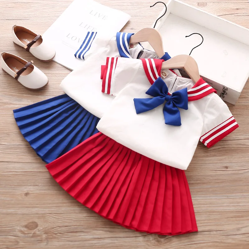 

Girls Summer Two-piece Set 2022 Korean Version of The Navy Short-sleeved Children's A-line Skirt Cotton Shorts