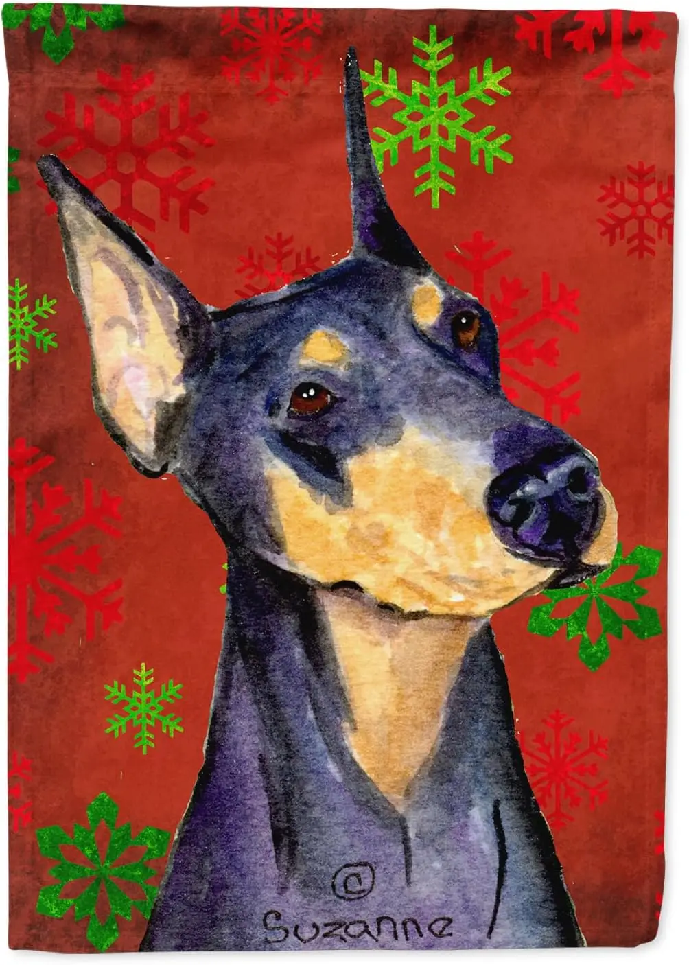 Carolines Treasures SS4702GF Доберман Красные и зеленые снежинки Праздник Рождественский сад