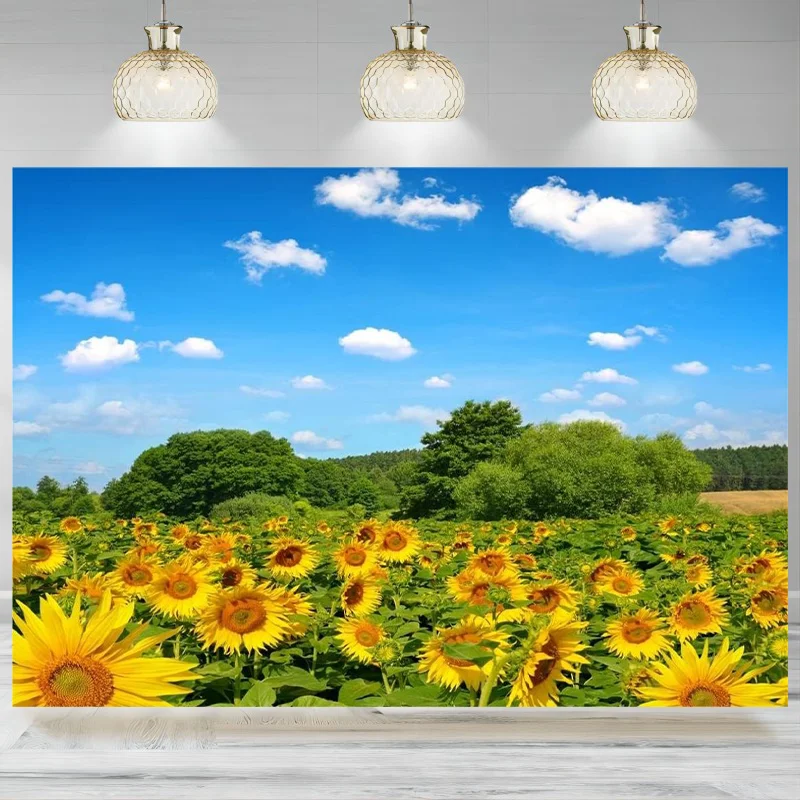 Sunflowers Field Backdrop Photography Green Trees Blue Sky Nature Background Kids Birthday Party Decoration Banner