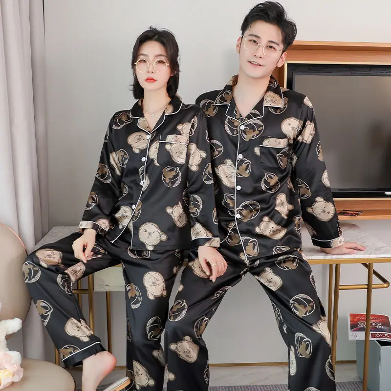 2023 Lovers pajamas Couples ice silk pajamas women in 2023, the new age season long thin silk leisurewear suit men's summer