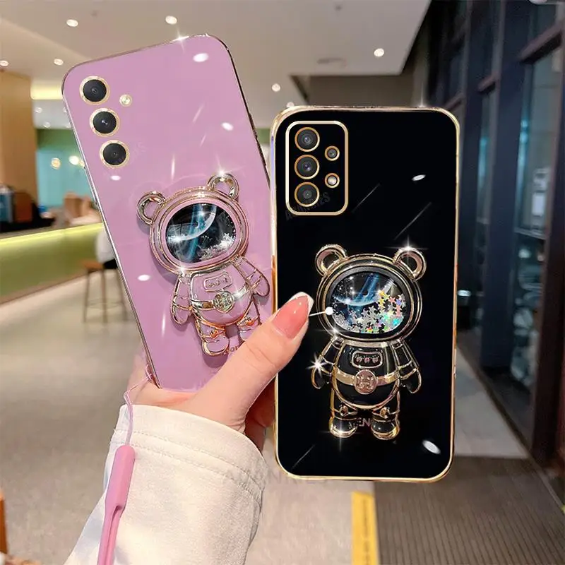 

A 52 53 13 Glitter Astronaut Holder Plating Silicone Case For Samsung Galaxy A32 A33 A52 A53 A13 A23 A72 A73 4g 5g Lanyard Cover
