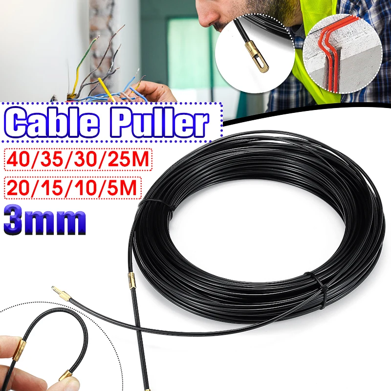 

3mm 5/10/15/20/25/30/35/40M Cable Push Puller Black Fiberglass Electric Guide Device Duct Rodder Fish Tape Wall Wire Conduit