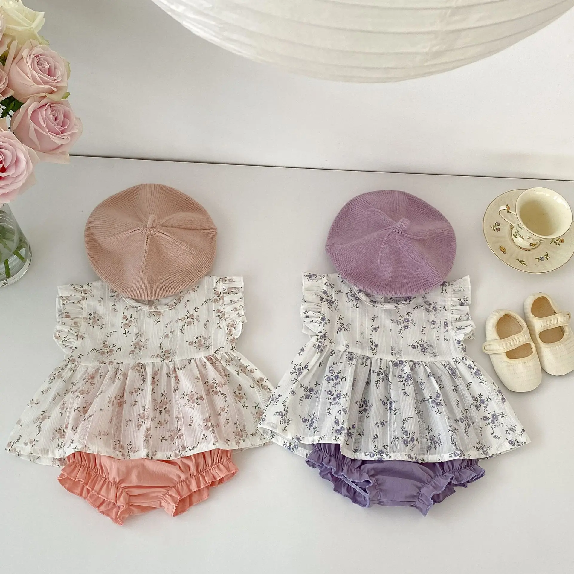 

Ins Summer Costume Toddler Girl Fashion Floral Fly Sleeve Tops + Solid Shorts 2pcs Baby Cotton Print Thin Sleeveless T-shirt Set