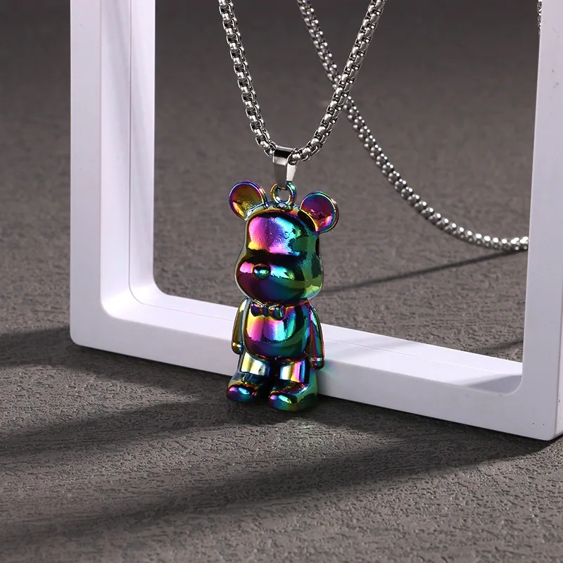 

Trendy Rainbow Bear Necklace for Women Girl Cute Cartoon Animal Pendant Necklaces Hip Hop Stainless Steel Chain Jewelry Gifts