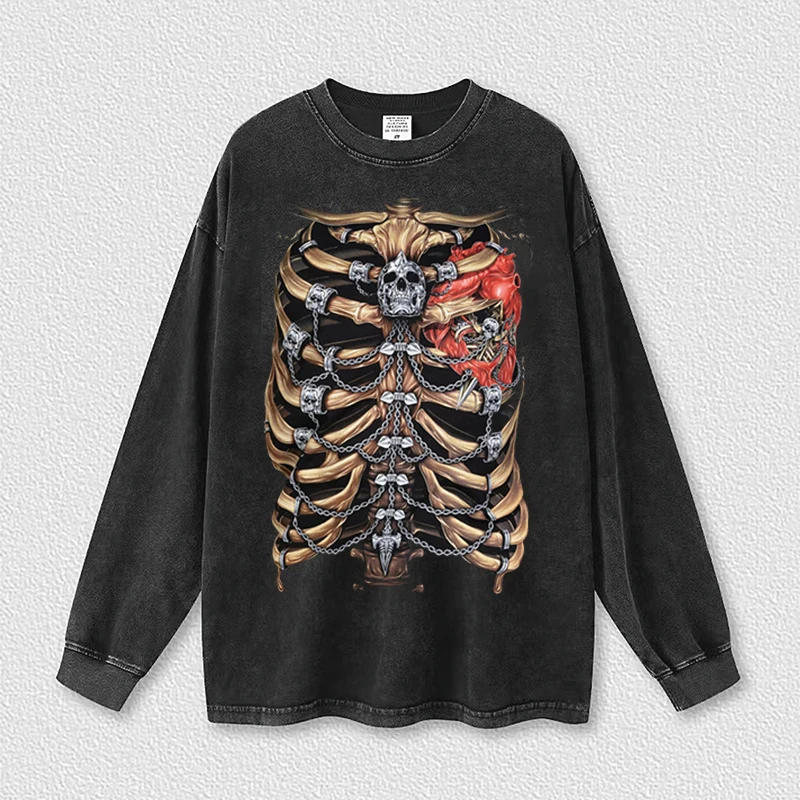 

Vintage Skull Rock Print Hoodies Washed Gothic Women Men Hip Hop Streetwear Unisex Long Sleeve Cotton Tops Tees Wash Old Shirts