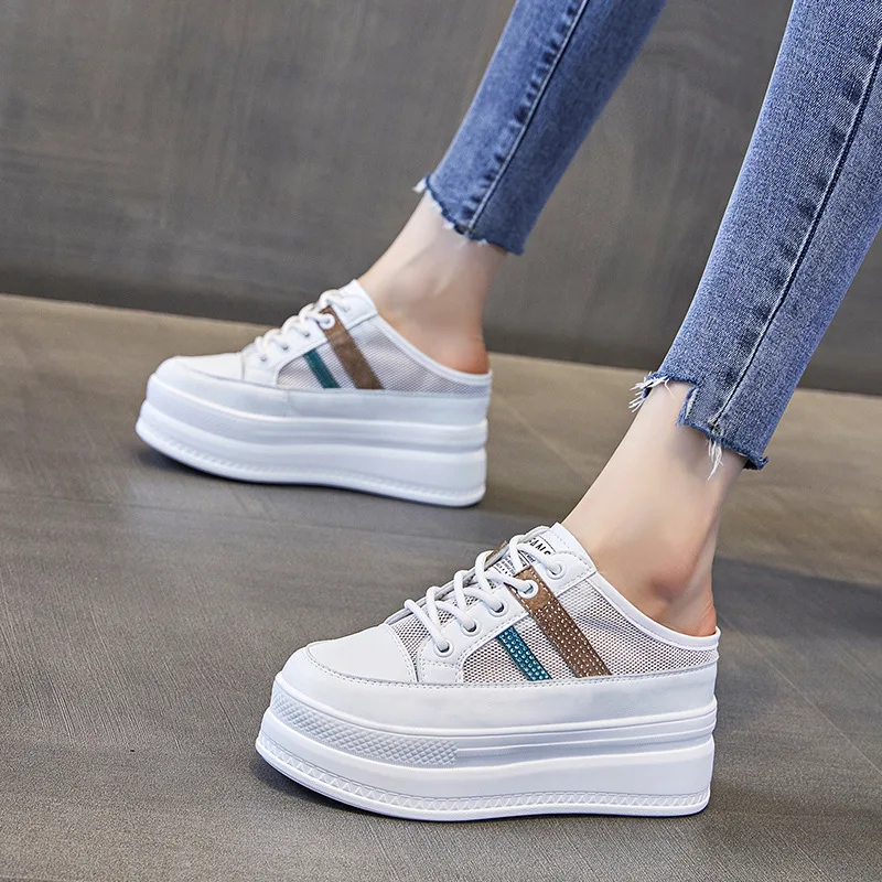 

Half Slippers New Summer Women Sandals Slippers Outer 8cm Heels White Shoes Flat Beach Muller Slippers