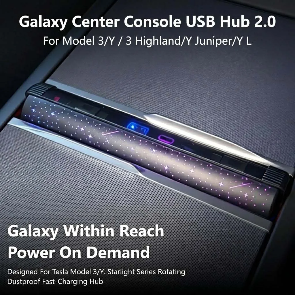 Фото USB-хаб Starlight для центральной консоли Tesla Model 3 Highland/Y Juniper/Y L, интеллектуальная выдвижная магнитная док-станция с быстрой зарядкой 65 Вт №1
