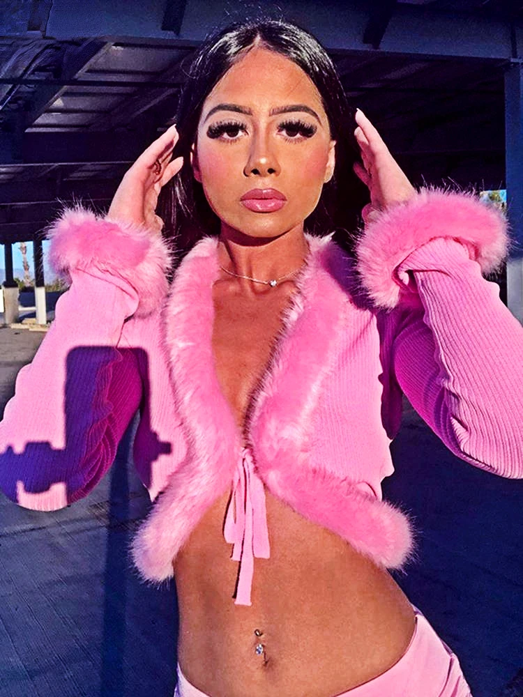 

Knitted Jacket Women Topsy2k Fur Collar Jacket Long Sleeve Fashion Jacket Zipper Rib Cut Jacket Tie Sweater T-shirt Women'sdress