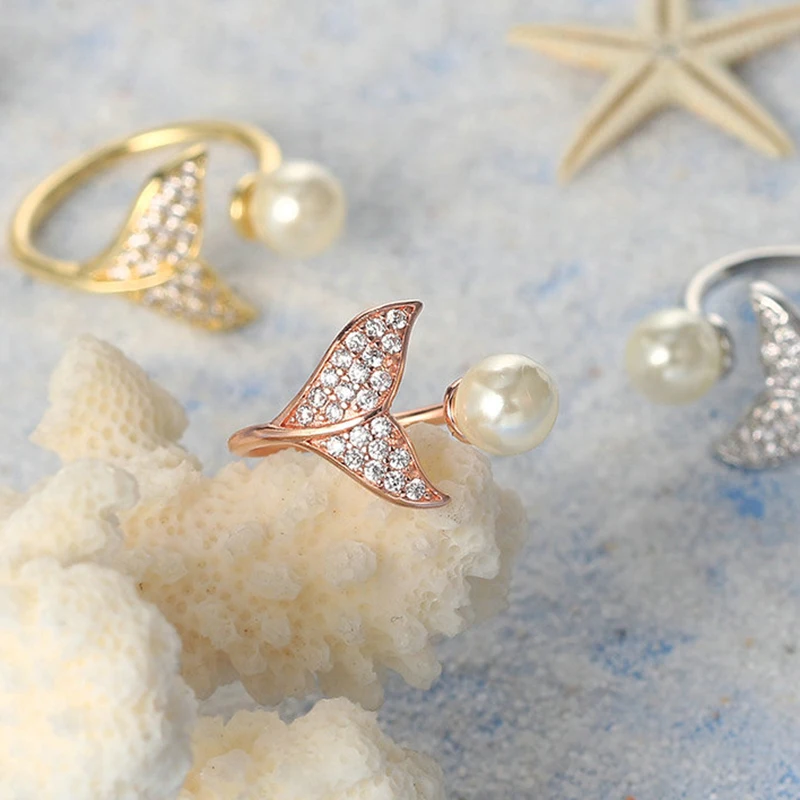 

Light Luxury Style Mermaid Imitation Pearl Ring Women's Korean Fashion Zircon Gold Girl Gift Jewelry Wholesale Commemoration