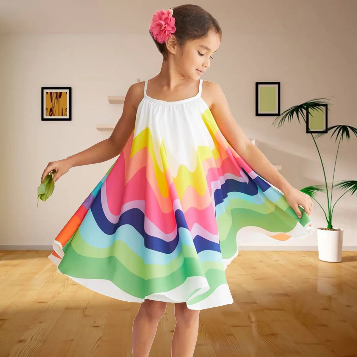 Baby Girl Dress New Summer Chiffon Suspenders Rainbow Print Big Swing Dress Kids Girls Birthday Princess Party Dresses 12M-4T
