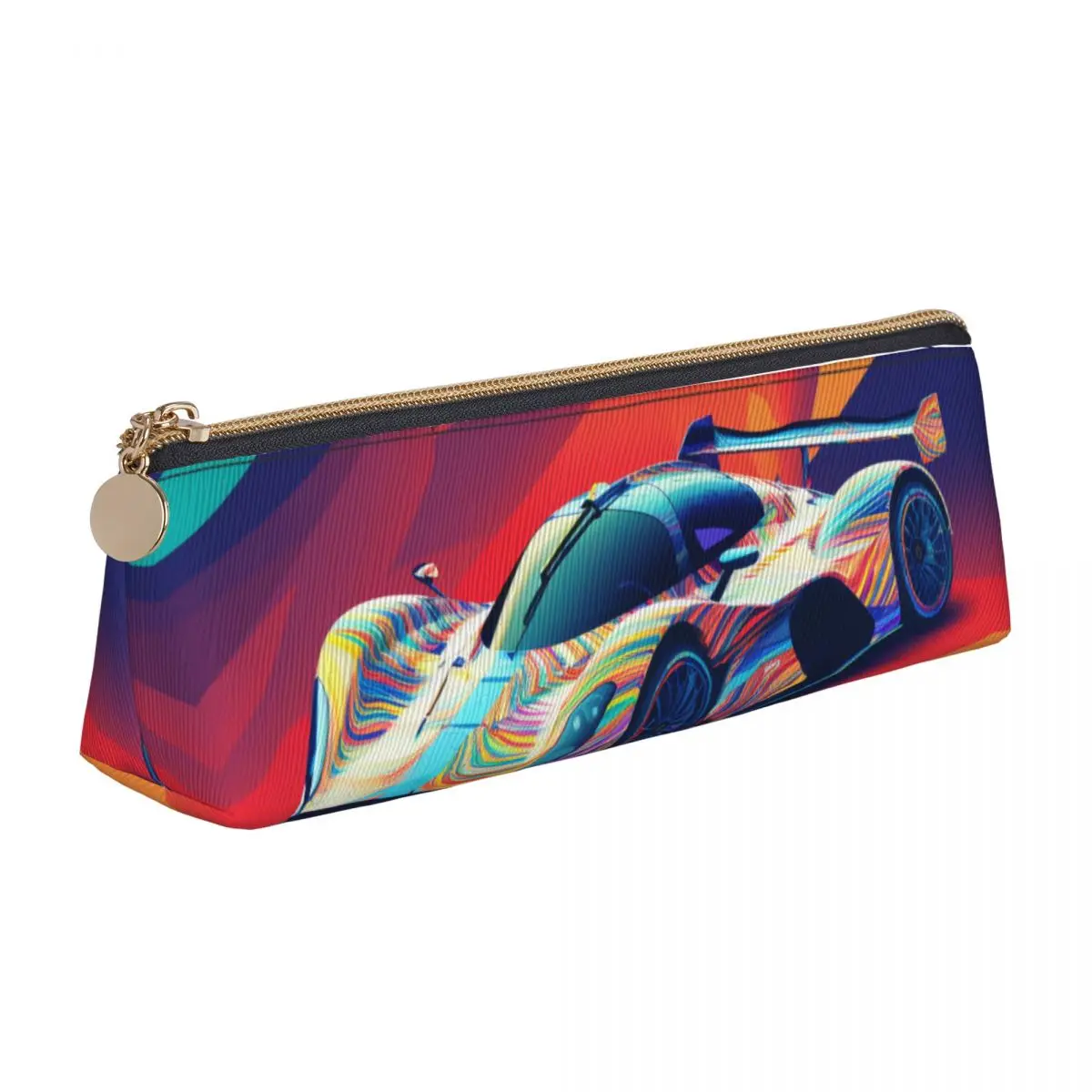 

Dazzling Sports Car Triangle Pencil Case Cover Art Neo Fauvism Retro Zipper Pencil Box Teens Back to School Leather Pen Bag