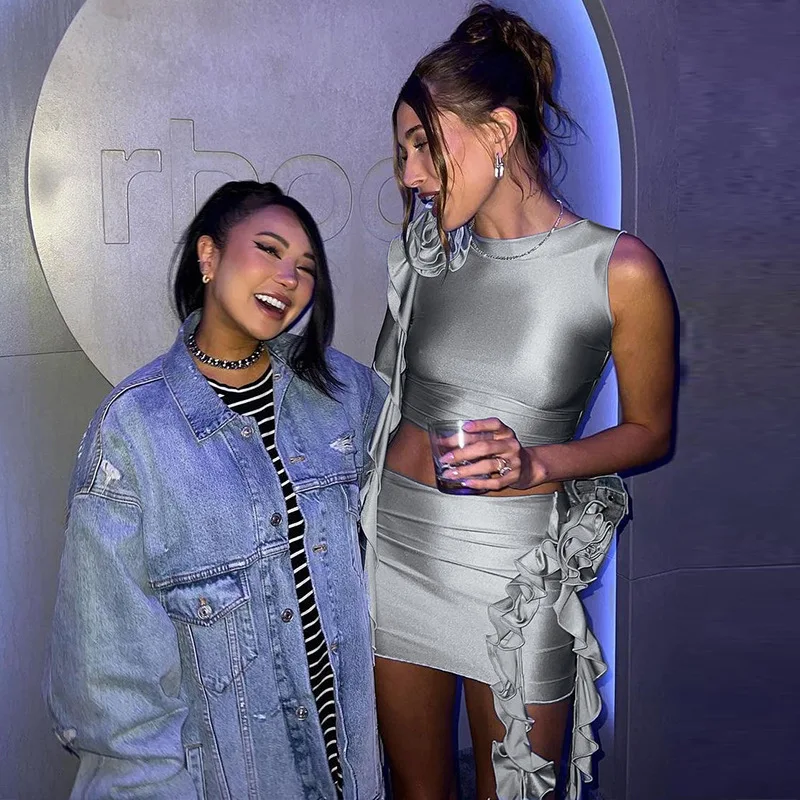 

Solid color Tight Cropped Top Mini Skirt Suit Flower Ribbon Sexy Skirt Suit Sleeveless All-match Style Slim Fit Vest And Dress