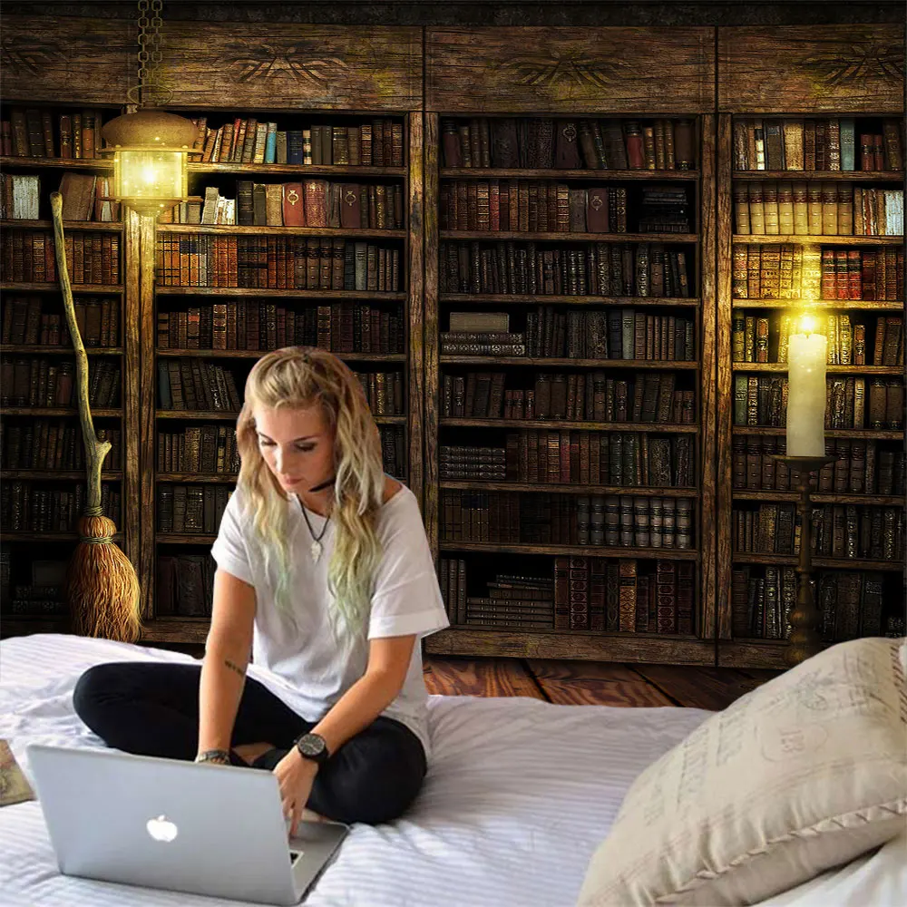 

Magic Retro Bookcase Tapestry Fireplace Wall Hanging Thin Polyester Mysterious Library Tapestry Bedspread Wall Cloth Room Decor
