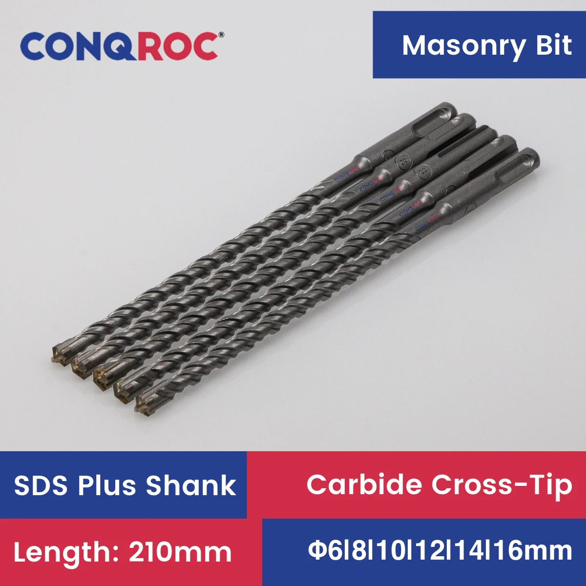 

Masonry Drill Bits SDS Plus Shank Carbide-Cross-Tip Length-210mm 5-Piece-Same-Size 6-Option Diameter-6~16mm for Hammer