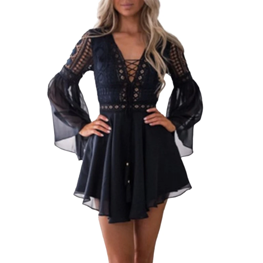 

Women Sexy Lace Hook Flower Hollow Mini Dress Femme V-Neck Long Sleeve Party Club Elegant Dresses Vestidos