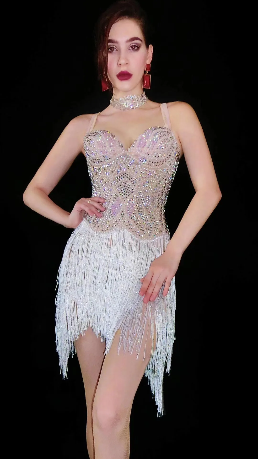 

White Crystals Fringe Rhinestone Short Dress Sleeveless Backless Women Mini dress Birthday Outfit Nightclub Costumes Stage Wear