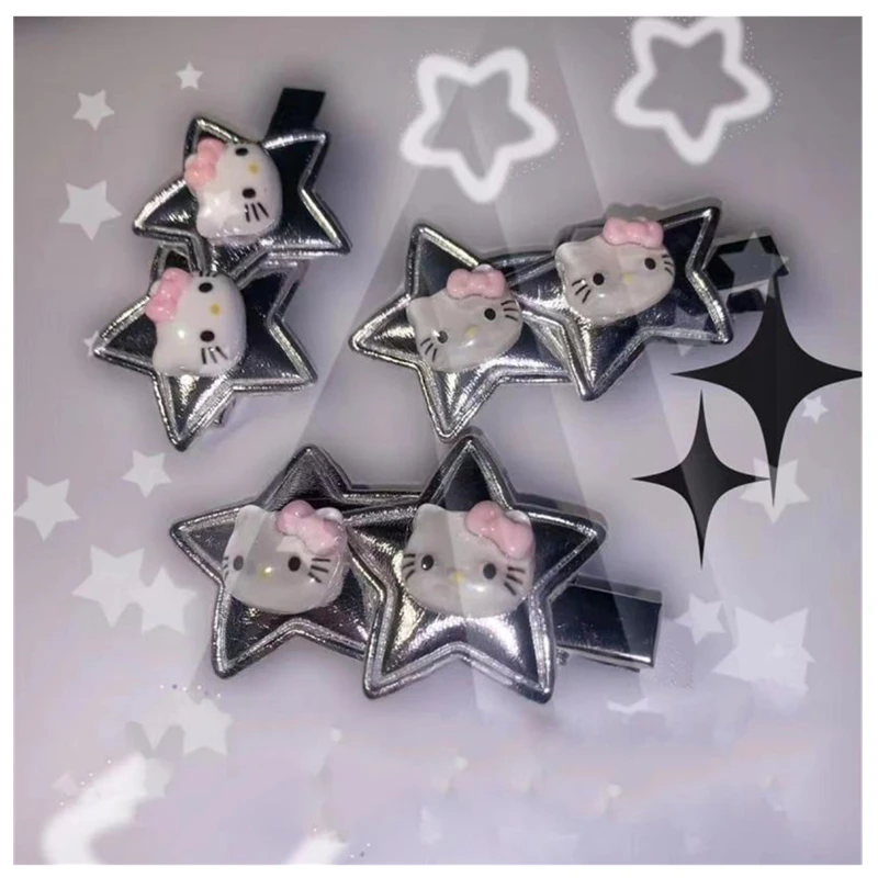 

Sanrio Anime Hellokitty Y2K Star Hairpin Bb Clamp Duckbill Clamp Silver Leather Surface Headwear Kawali Kids Girl Birthday Gift
