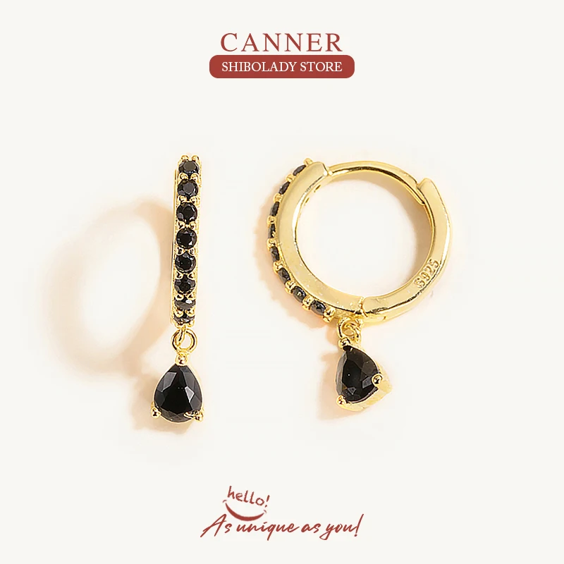 

CANNER 925 Sterling Silver Huggie Hoop Earrings women Rainbow Black Crystal Zircon Water Drop Hanging Prevent Allergy Earrings