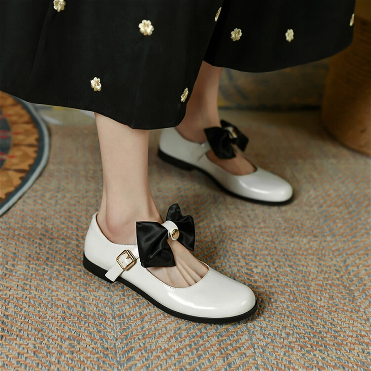 

kmeioo elegant cowskin shoes woman round toe flats soild bowtie buckle strap flat shoes female mary janes