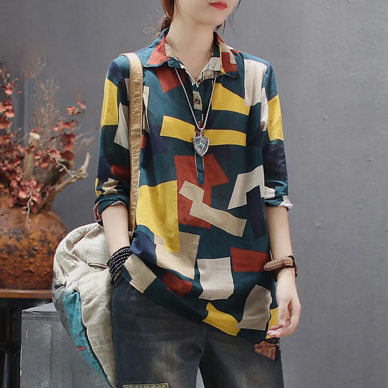 

Women's Shirt Loose Vintage Geometric Printed Pullovers 2022 Spring Fashion Polo-Neck Long Sleeve Casual T-shirt Female Clothing