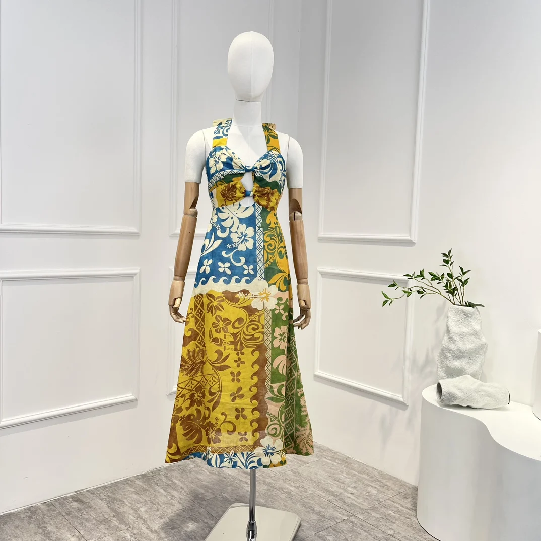 

New Spring Summer Top Quality 2023 Linen Vintage Sexy Bow Tie Floral Printing Backless Lace-up Midi Dress for Women