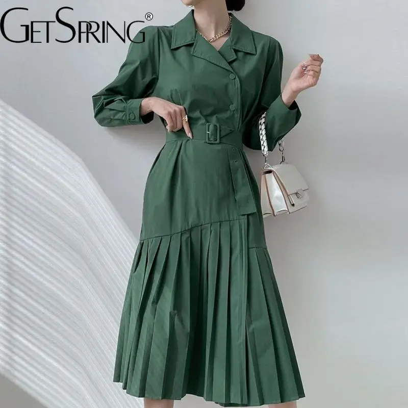 

GetSpring женское платье осень 2022 темпераментное шикарное однобортное Плиссированное длинное платье с отложным воротником и поясом с высокой т...