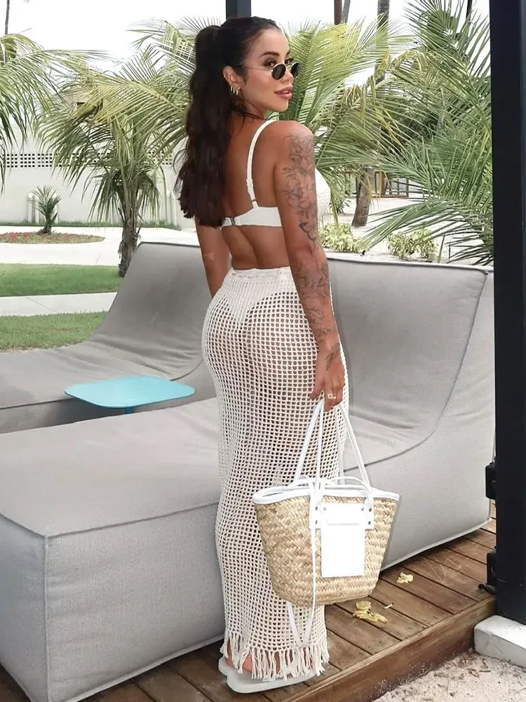 Сексуальная летняя вязаная пляжная полуюбка с вырезами женская шикарная